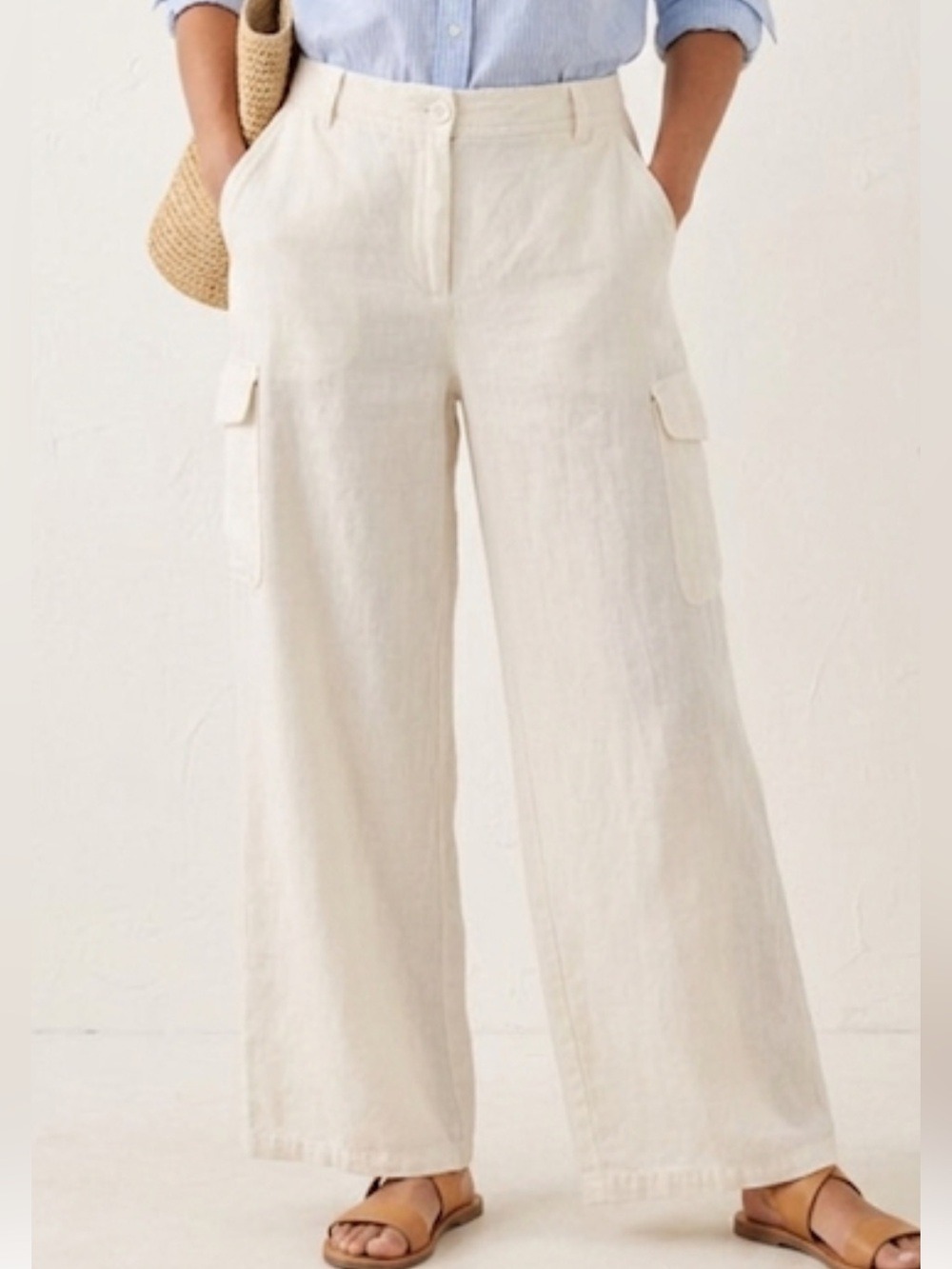 Kate Hill White Linen Wide-Leg Cargo Pants Women’s Size 8P Relaxed coastal